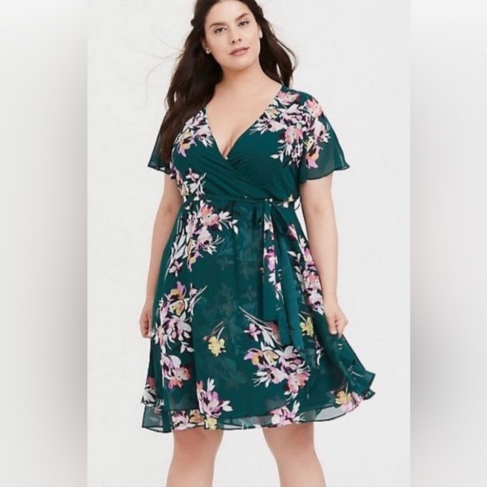 Torrid Green Floral Midi Faux Wrap Dress